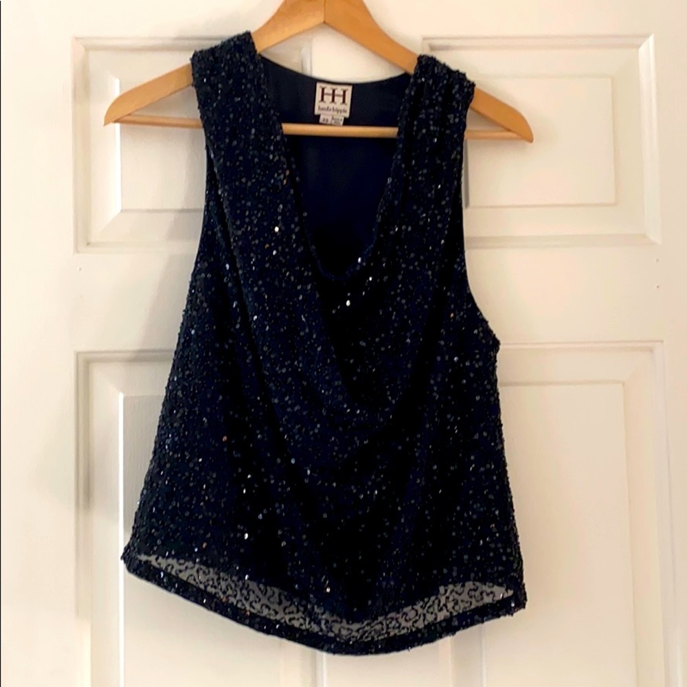 Haute Hippie Black sequined drape neck halter. XS